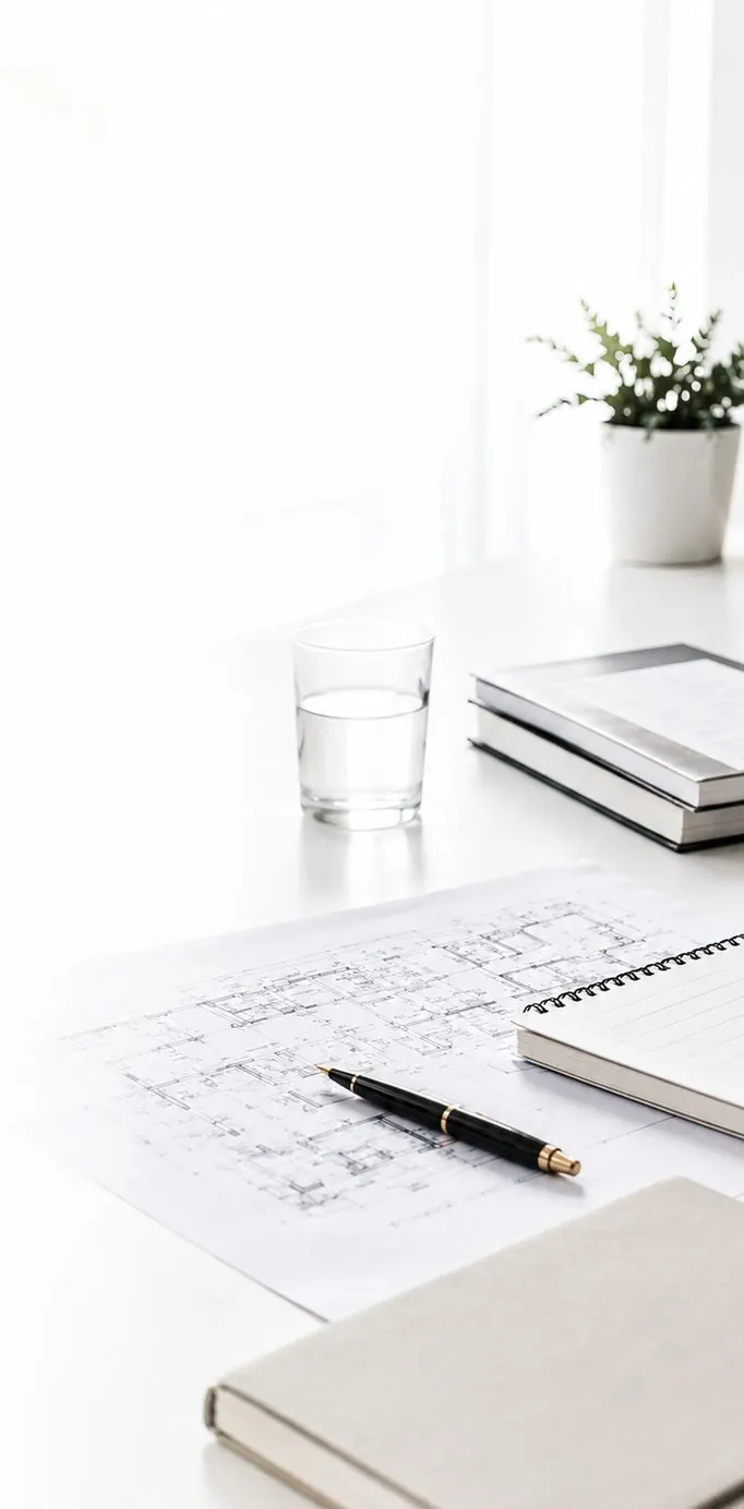 Scrivania di lavoro con disegni tecnici, appunti e planimetrie