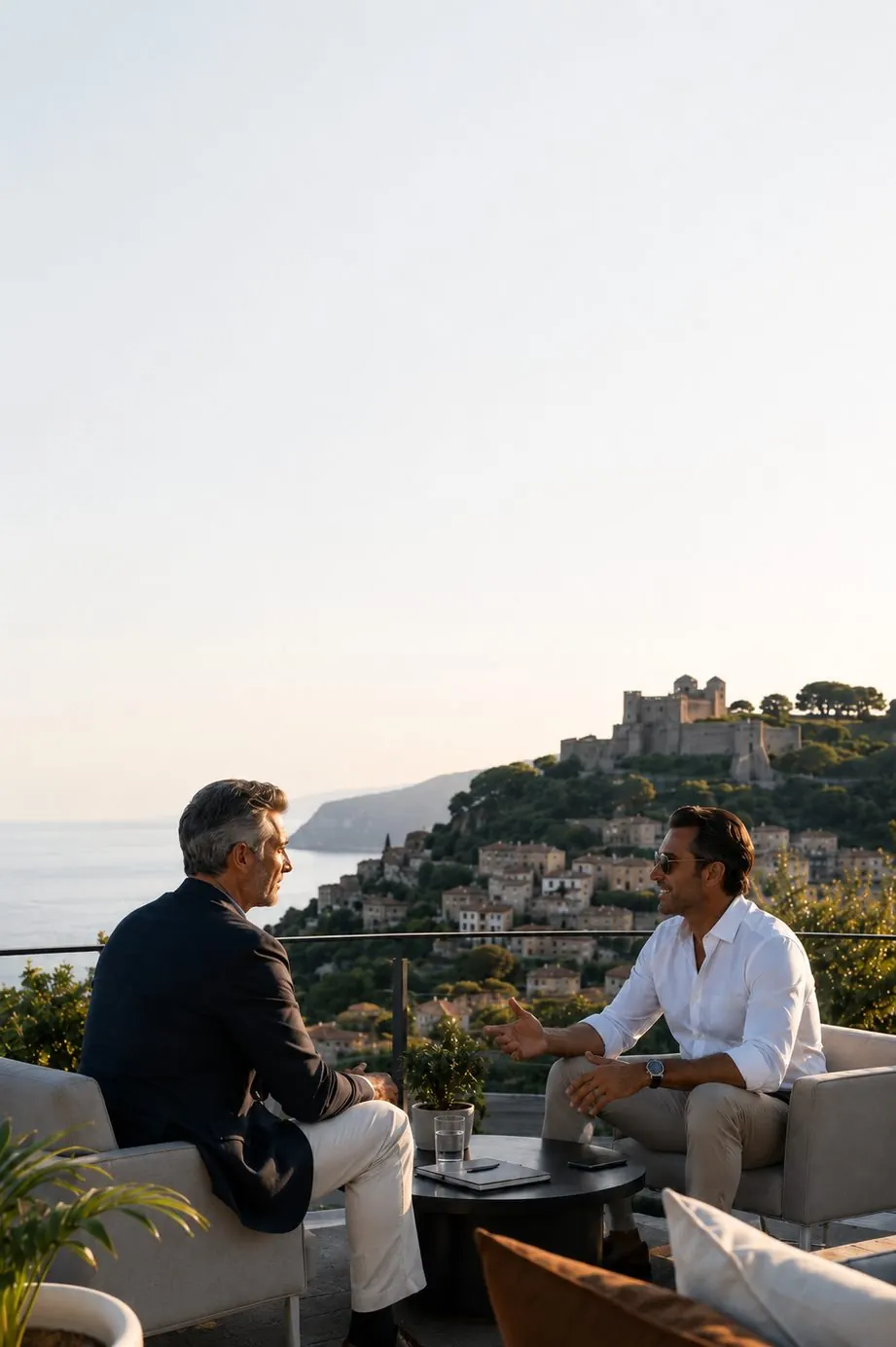 Due professionisti conversano su una terrazza al tramonto, davanti a un borgo sulla costa