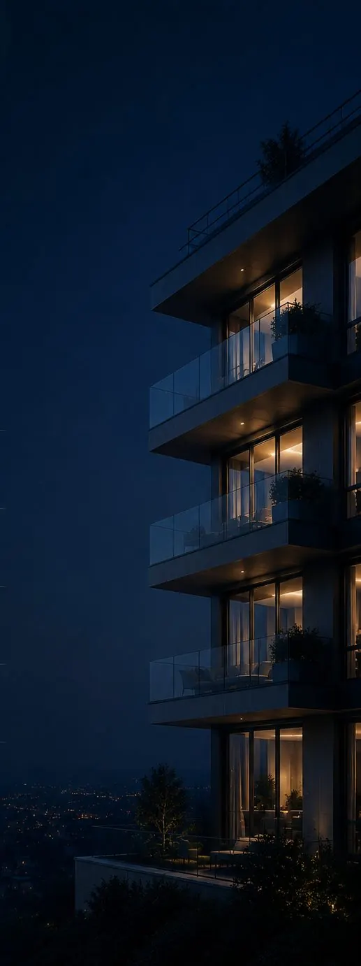 Facciata di una residenza moderna di notte, con le finestre illuminate