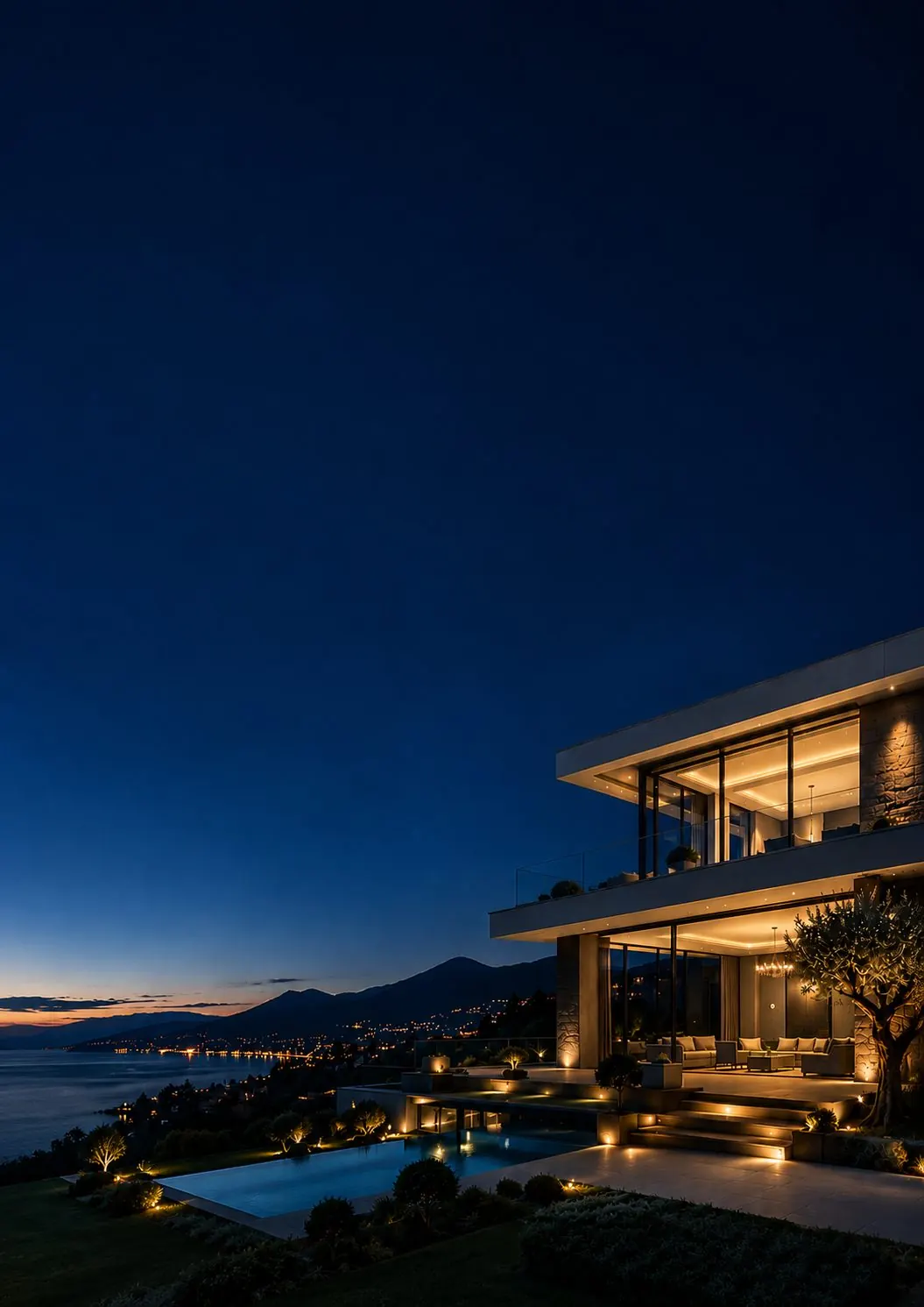Villa moderna illuminata al crepuscolo sulla costa